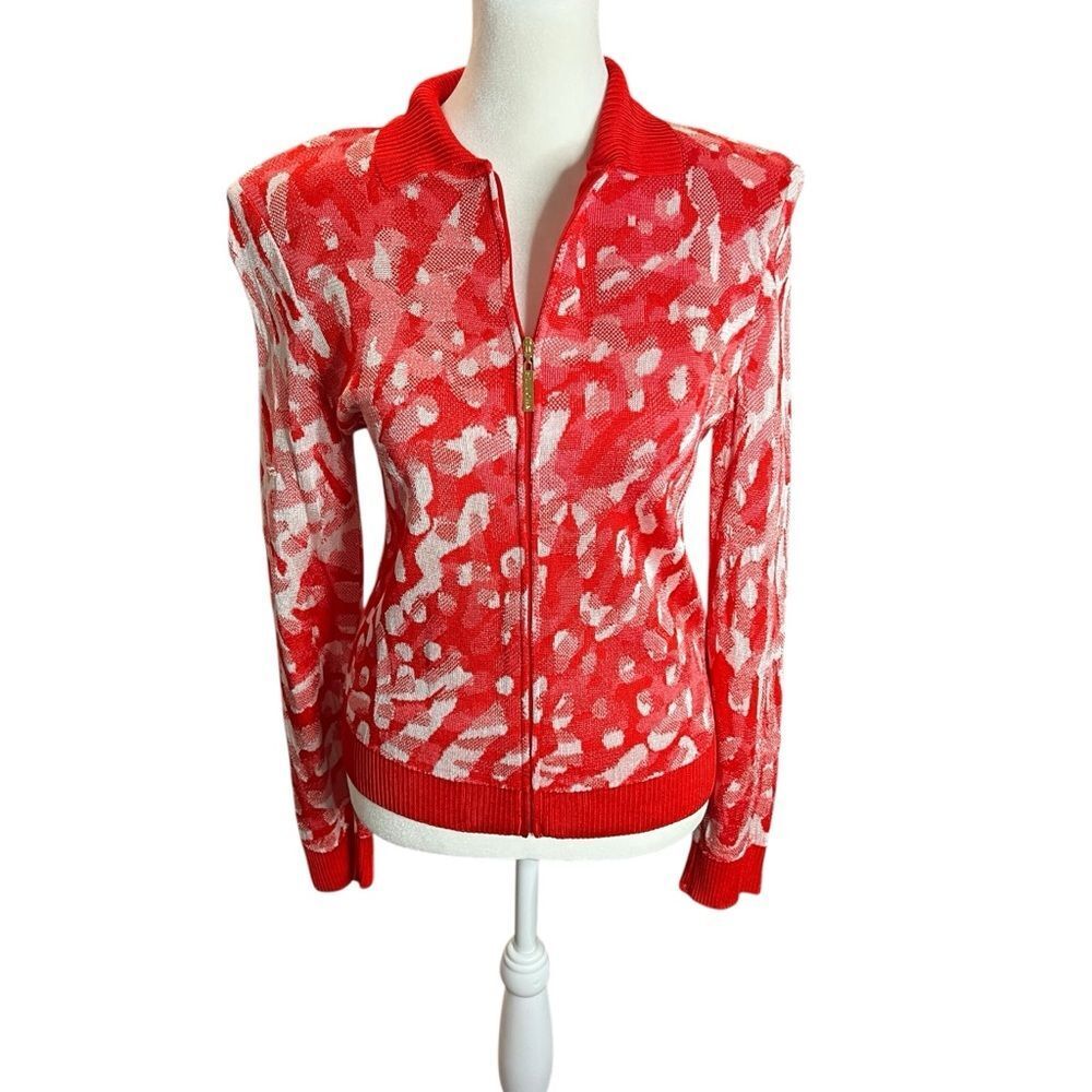 St John Santana Style Knit Zip Jacket Red White Gold Hardware Career Petite S